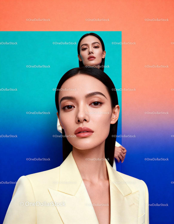 Elegant woman with flawless makeup on vibrant background