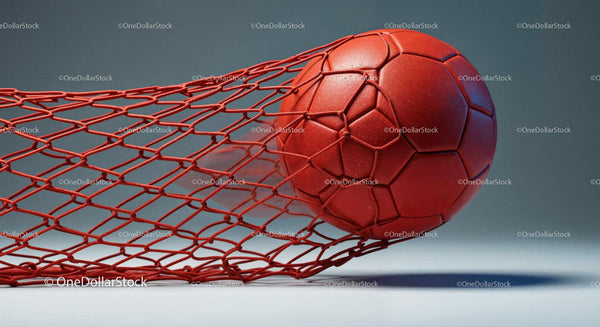 Red Soccer Ball in Goal Net on Stadium Field