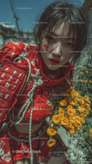 Young Woman in Red Jacket Surrounded by Flowers in Outdoor Setting
