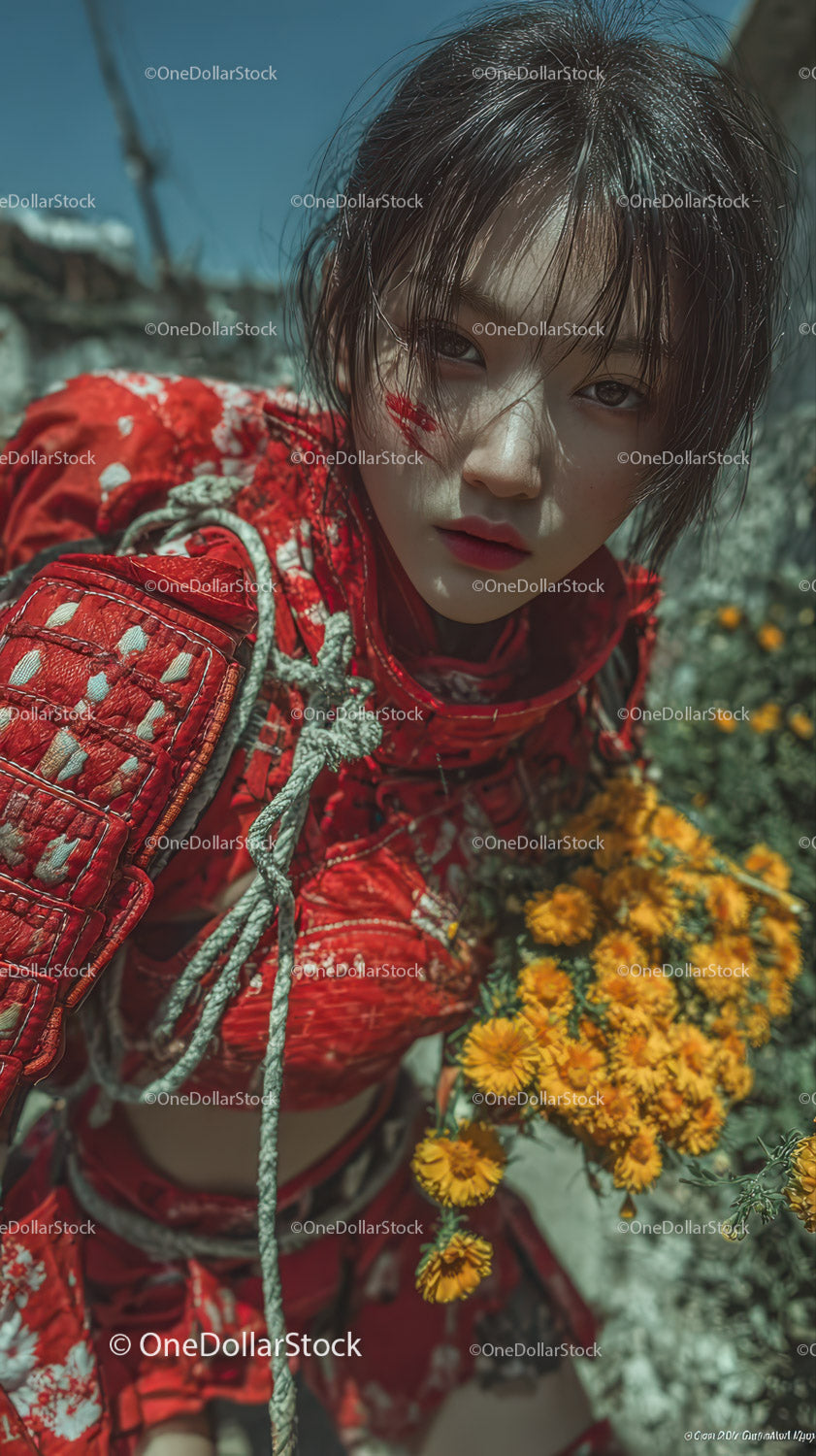 Young Woman in Red Jacket Surrounded by Flowers in Outdoor Setting