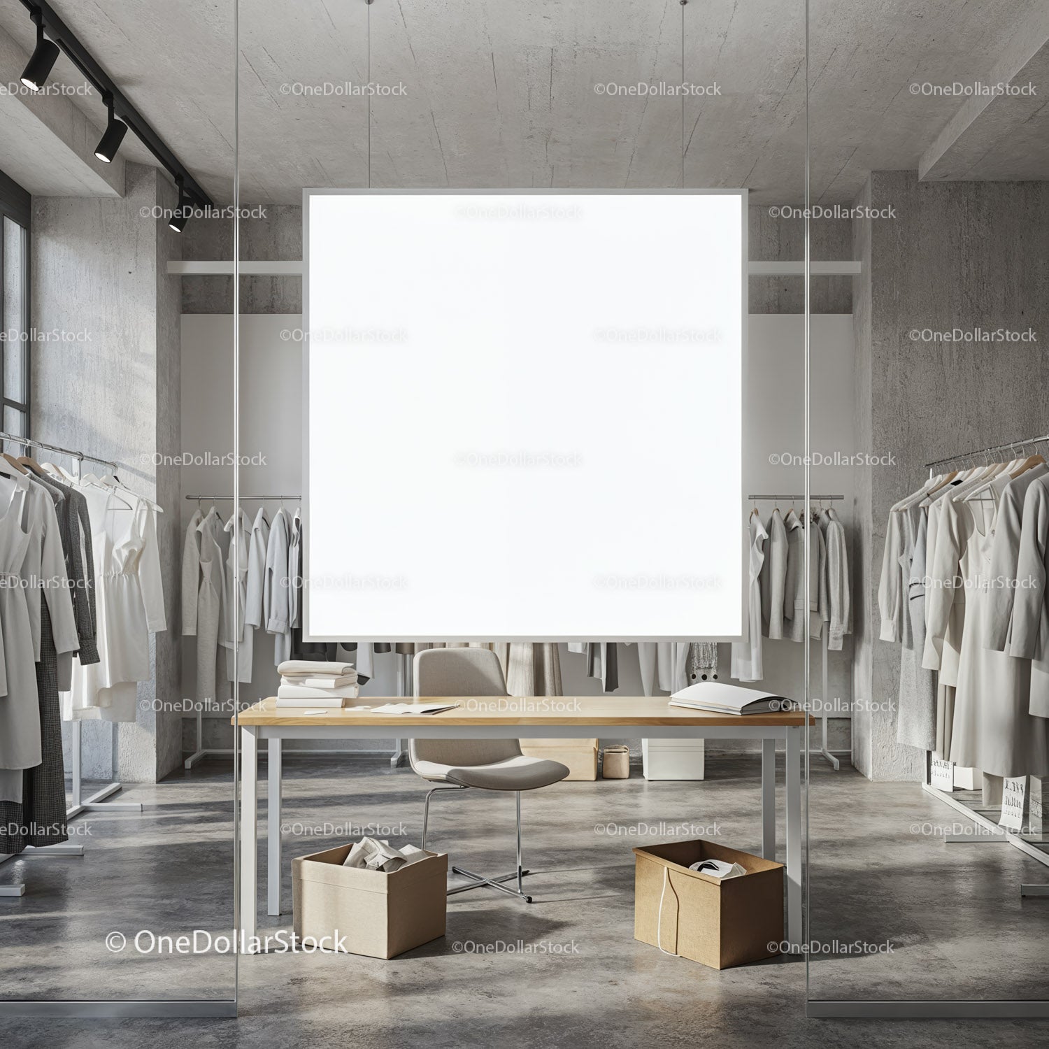 Minimalist fashion showroom with blank advertising panel