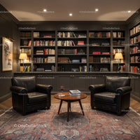 Cozy reading nook with leather chairs and bookshelves
