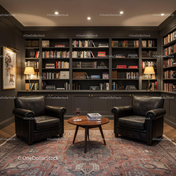Cozy reading nook with leather chairs and bookshelves