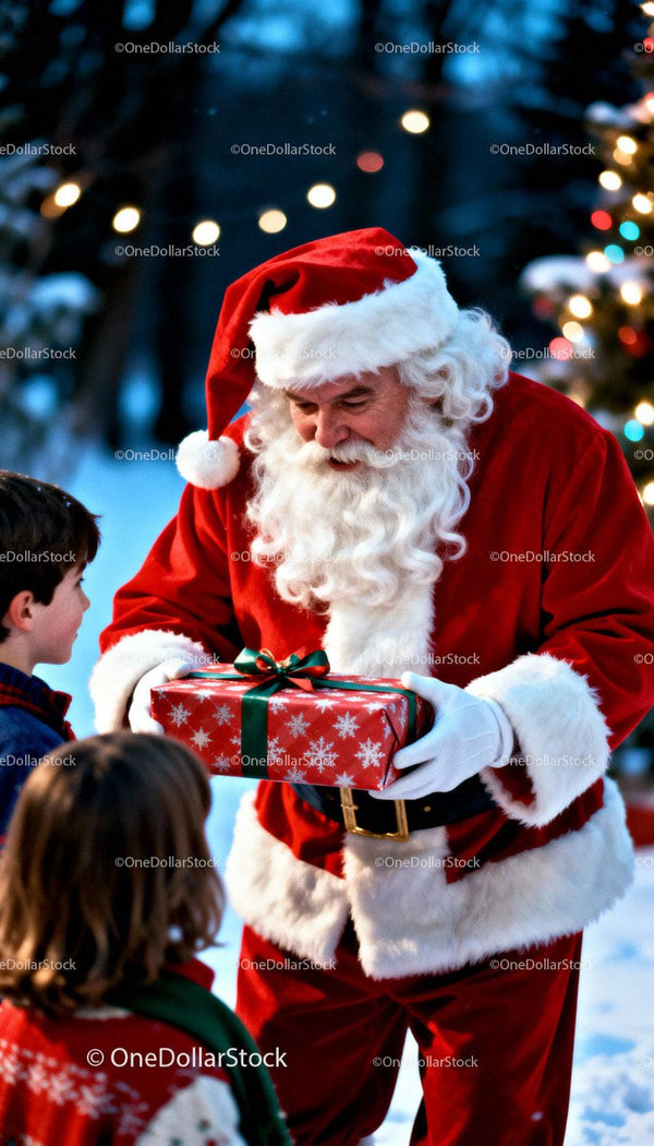 Santa Claus Giving a Gift to Children Outdoors