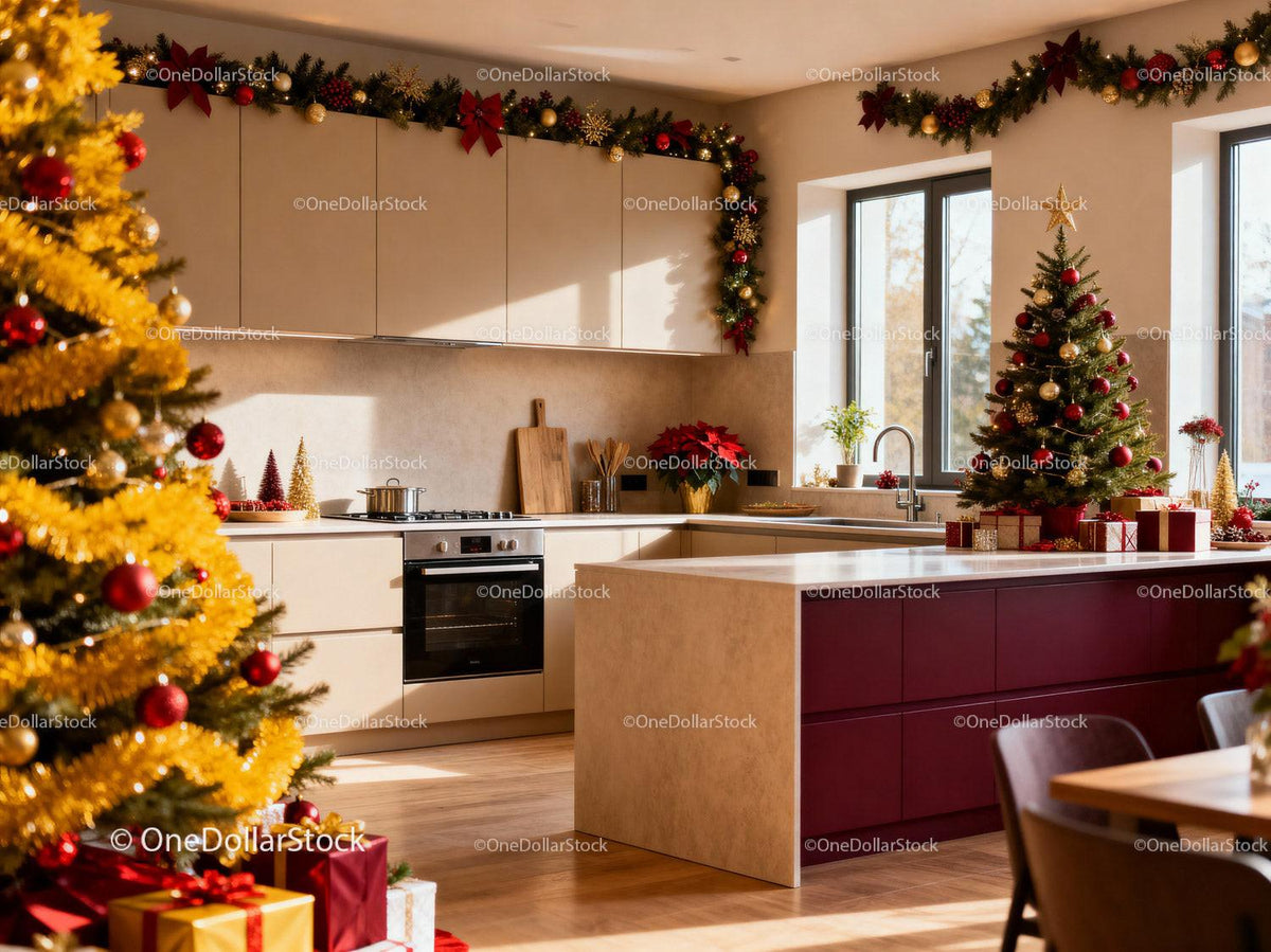 Cozy modern kitchen decorated for warm Christmas celebration