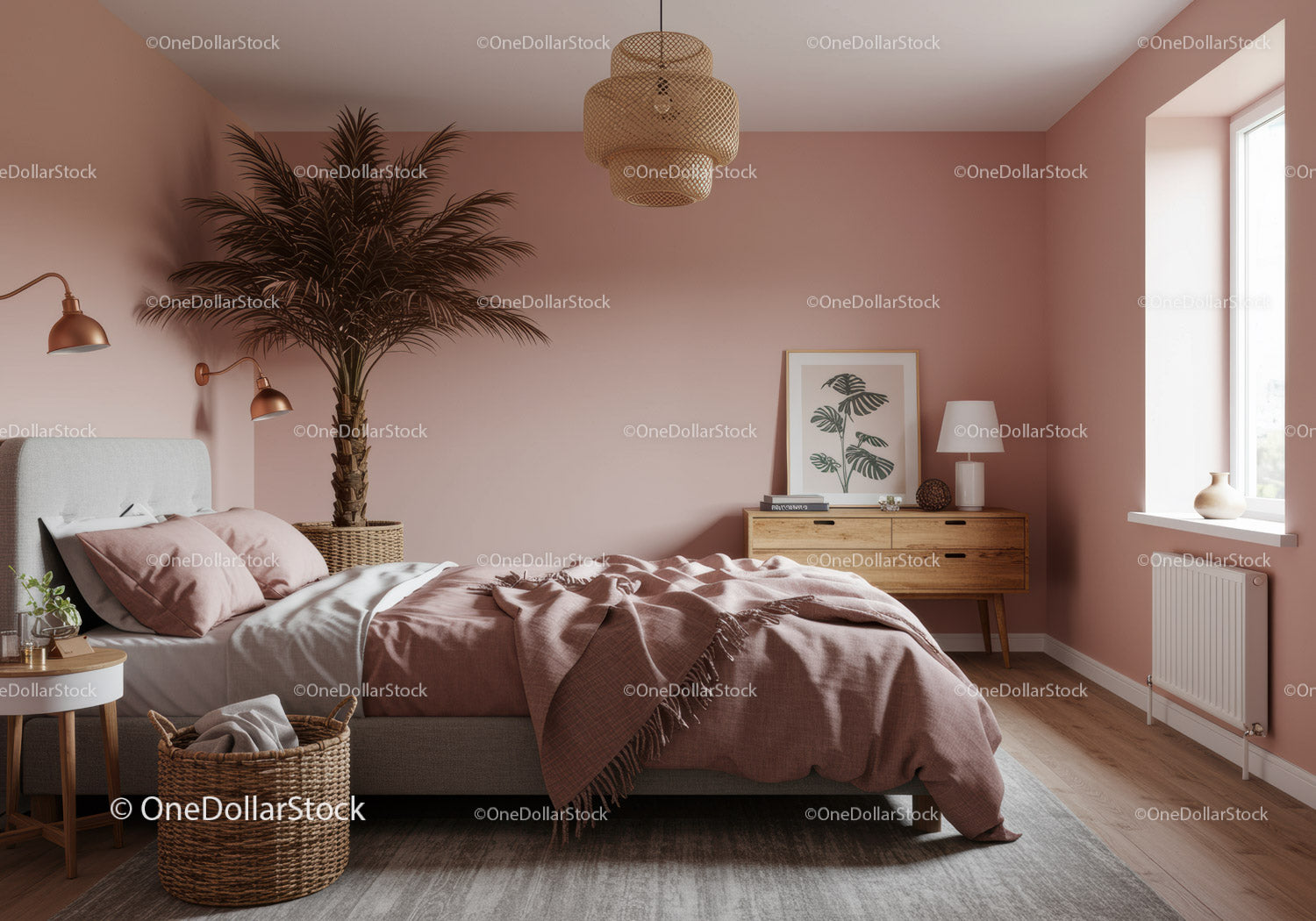 Stylish Bedroom with Pink Walls and Cozy Decor Featuring Indoor Palms