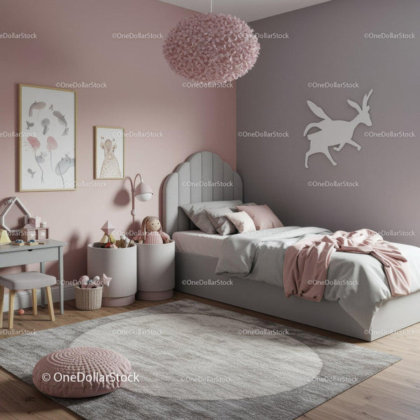 Cozy Pink and Gray Kids Bedroom with Playful Wall Art and Soft Decor