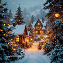 Snowy village street with glowing festive lights