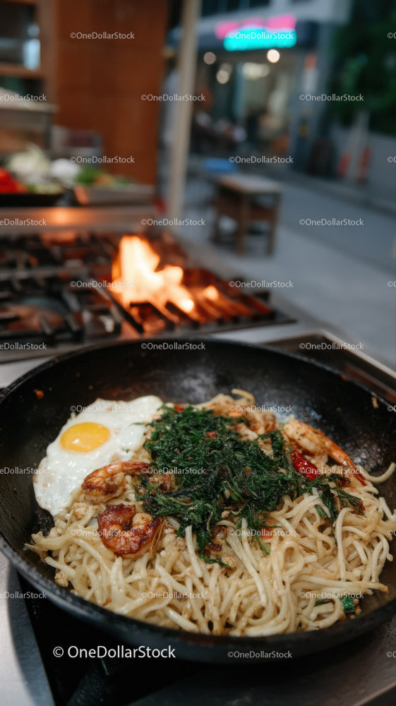 Stir-Fried Noodles with Fried Egg and Vegetables in Asian Restaurant