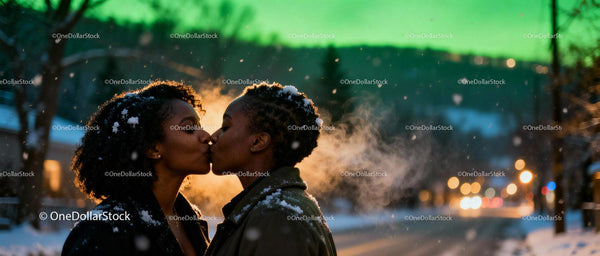Couple Sharing a Winter Kiss in Snowy Evening Glow