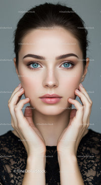 Close-Up Portrait of a Beautiful Woman with Blue Eyes and Clear Skin