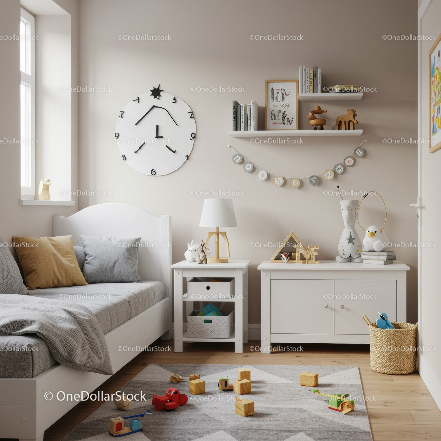 Modern Children's Bedroom with Wall Clock and Cozy Decor