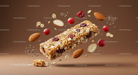 Healthy granola bar with nuts and berries floating