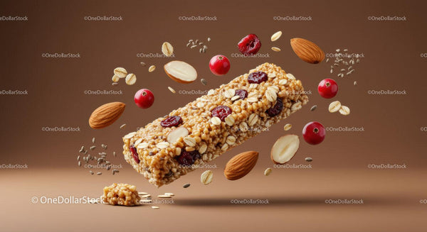 Zdrowy batonik granola z orzechami i jagodami unoszący się w powietrzu