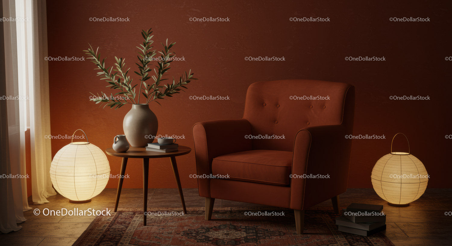 Cozy reading corner with warm lighting and earthy tones