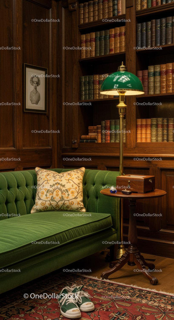 Cozy vintage library corner with green velvet sofa