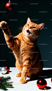 Curious ginger cat playing with festive Christmas ornaments