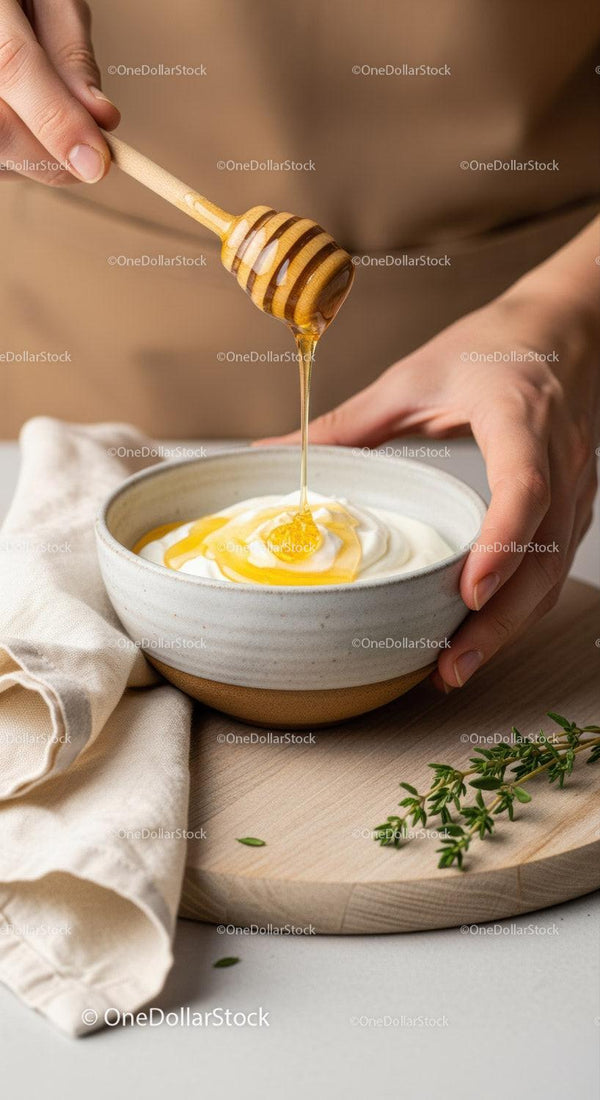 Close-Up of Honey Drizzling Over Creamy Yogurt in a Rustic Bowl