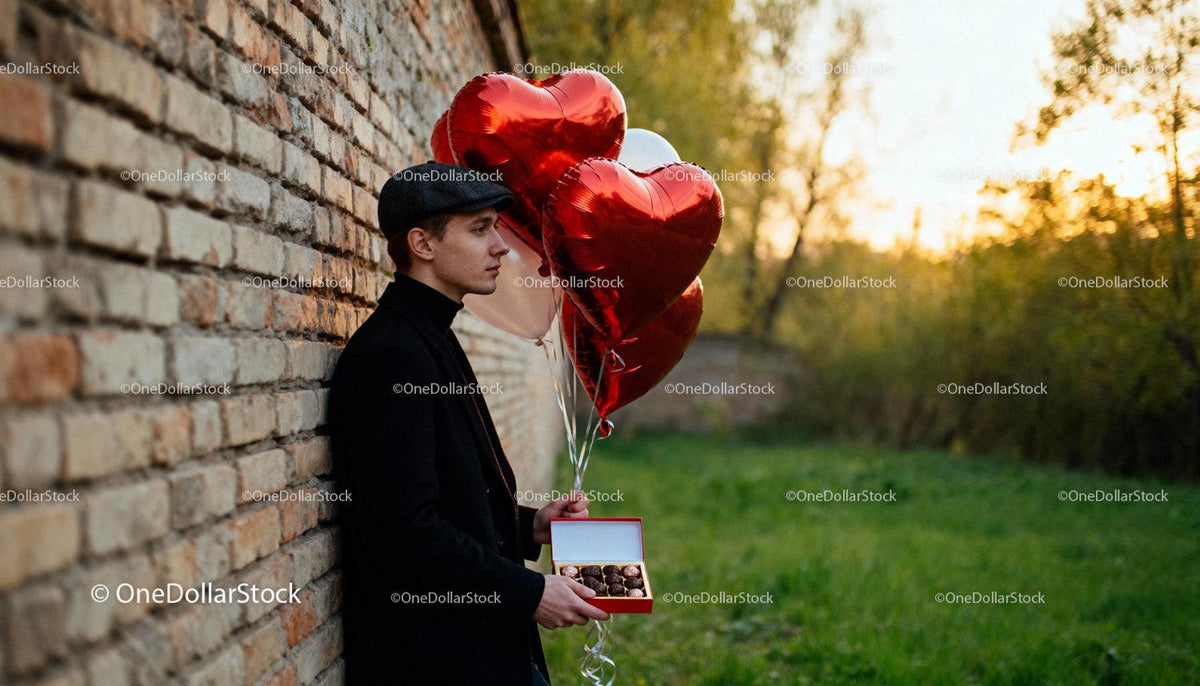 Young man holding heart balloons and chocolates outdoors