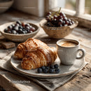 Fresh Croissants and Blueberries with Coffee on Rustic Wooden Table