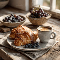 Fresh Croissants and Blueberries with Coffee on Rustic Wooden Table