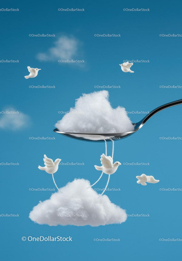 Creative clouds and birds floating from spoon in blue sky