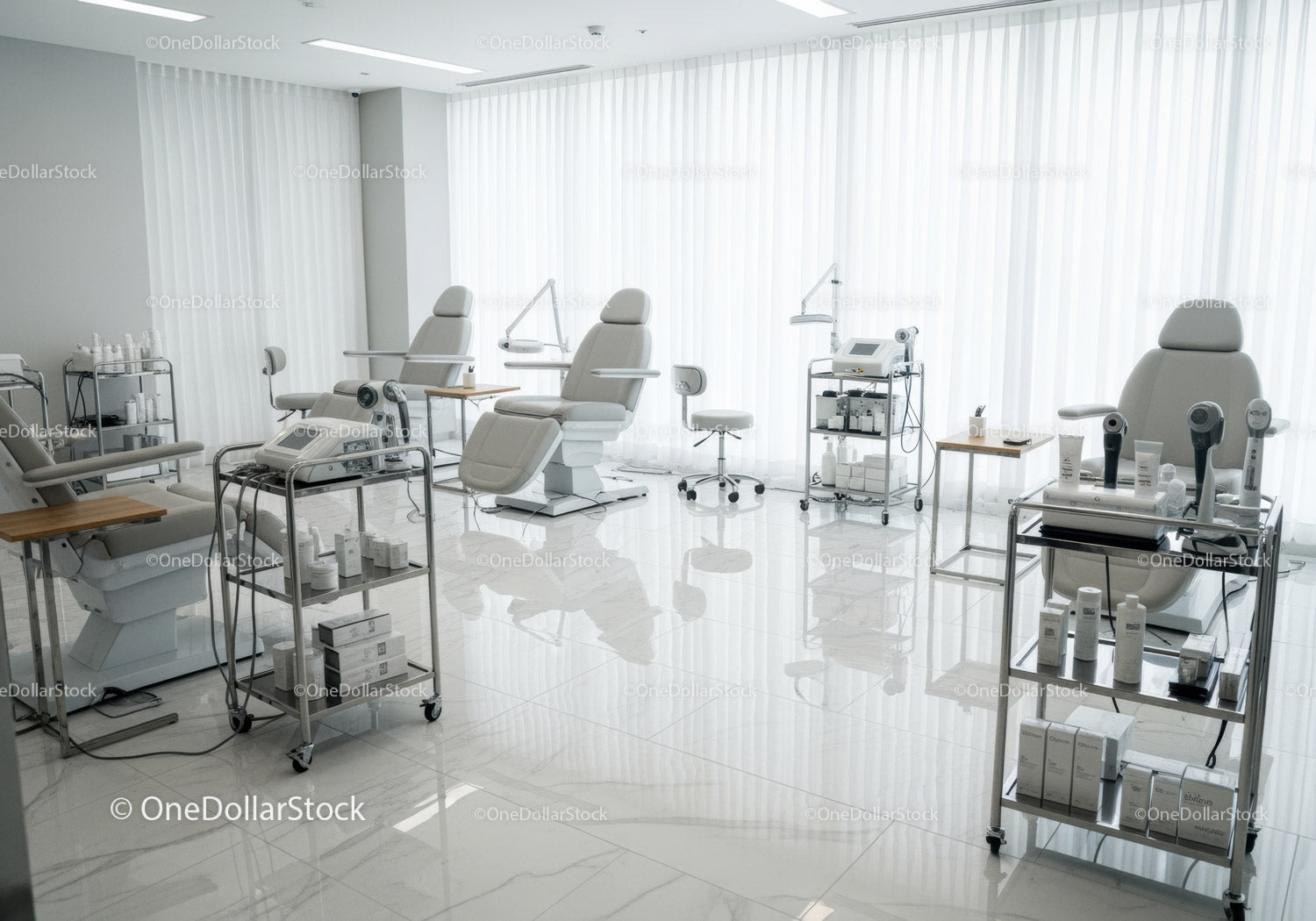 Nowoczesny gabinet stomatologiczny z fotelami i sprzętem dentystycznym