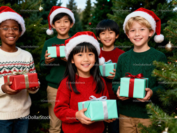 Smiling kids in Santa hats holding festive Christmas gifts