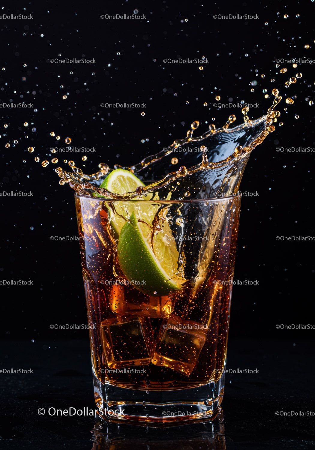 Refreshing lime splash in glass with ice cubes