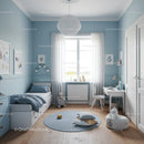 Bright and Cozy Children's Bedroom with Blue Walls and White Furniture