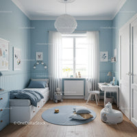 Bright and Cozy Children's Bedroom with Blue Walls and White Furniture