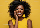 Confident Smiling African American Woman with Curly Hair and Yellow Dress