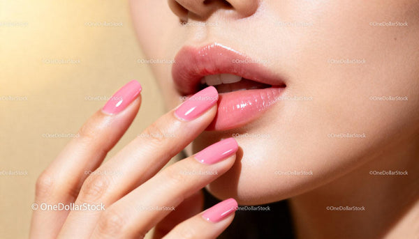 Błyszczące usta i pastelowo różowy manicure – zbliżenie