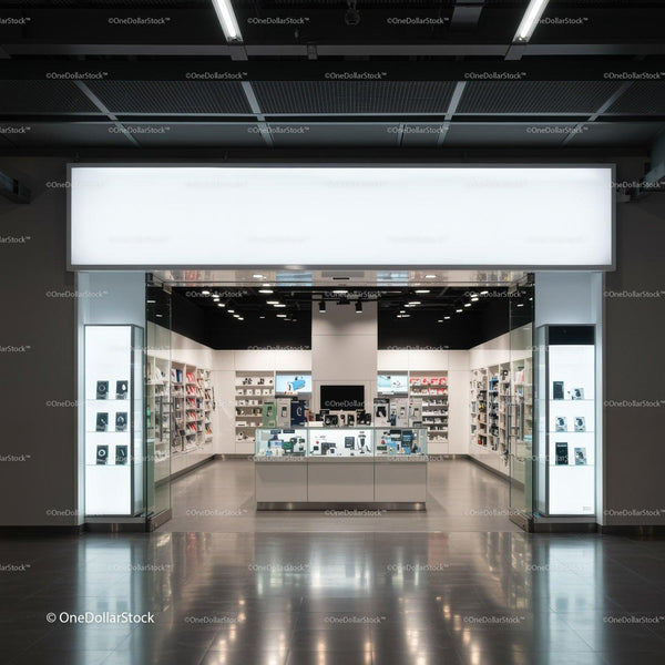 Modern electronics store entrance with sleek displays JPG Mockup Image