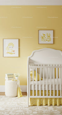 Bright Yellow Nursery with White Crib and Floral Wall Art