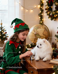 Girl in Elf Costume Playing with Dog by Christmas Decor