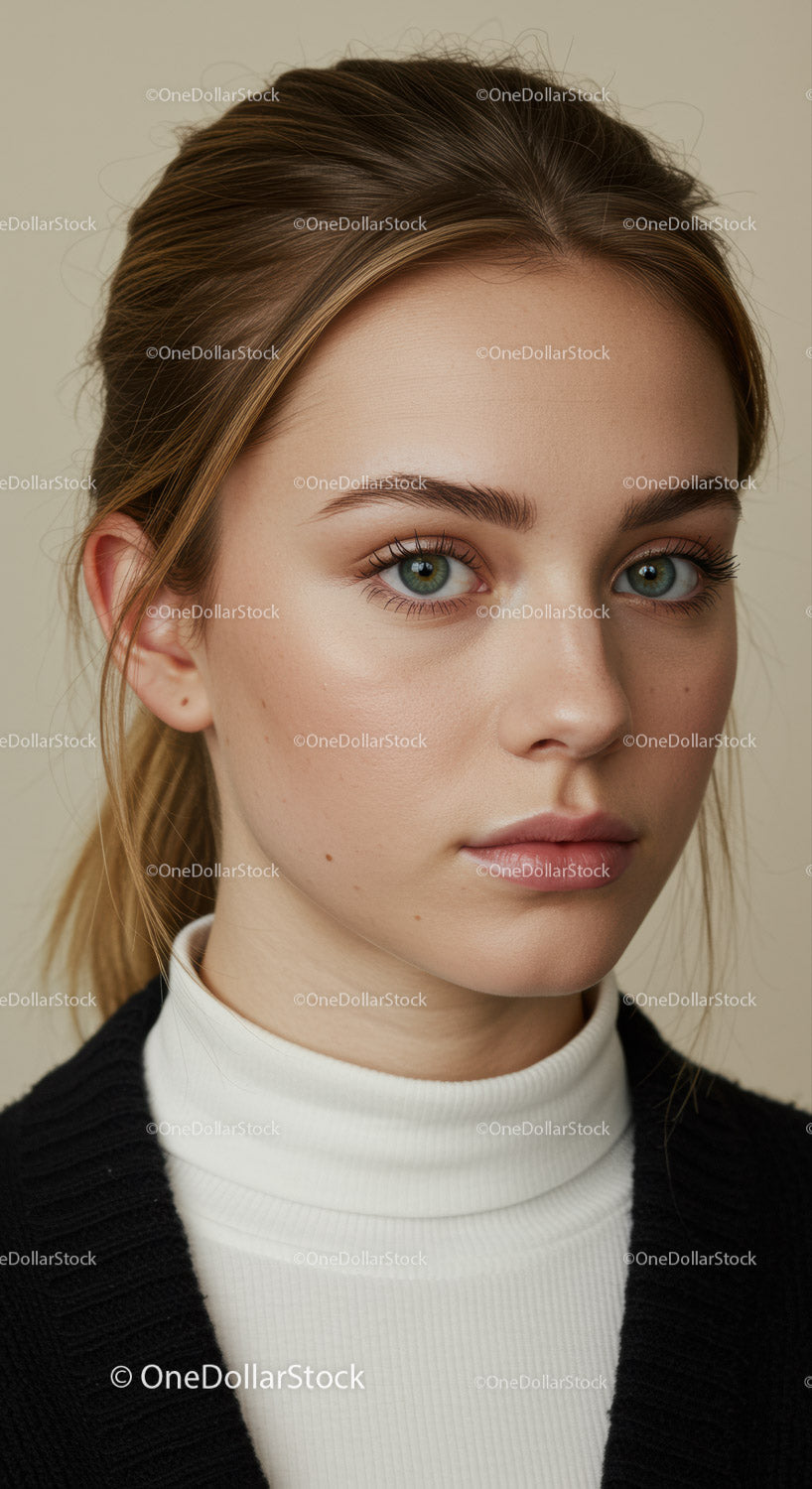 Portret młodej kobiety z niebieskimi oczami i naturalnym makijażem