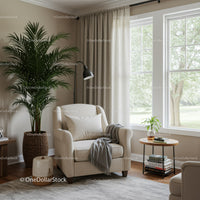 Modern Cozy Living Room with Large Green Palm and Beige Armchair
