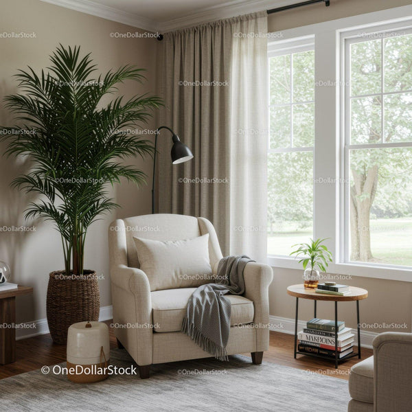 Modern Cozy Living Room with Large Green Palm and Beige Armchair