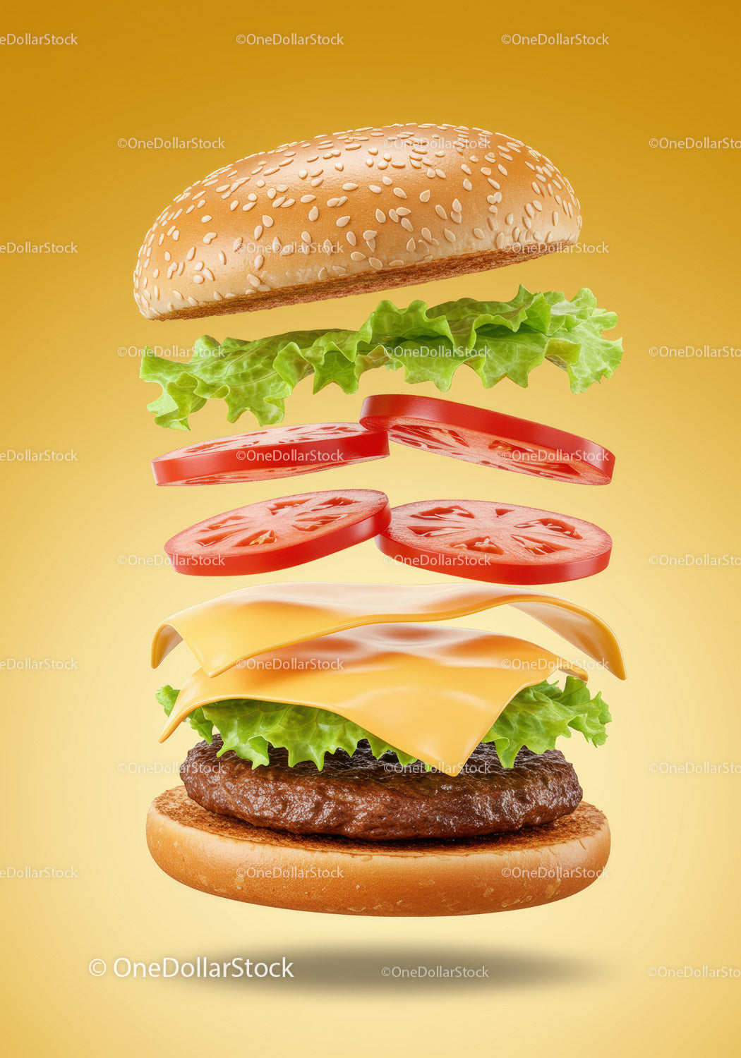 Dekonstruowany cheeseburger ze świeżymi warzywami pływającymi