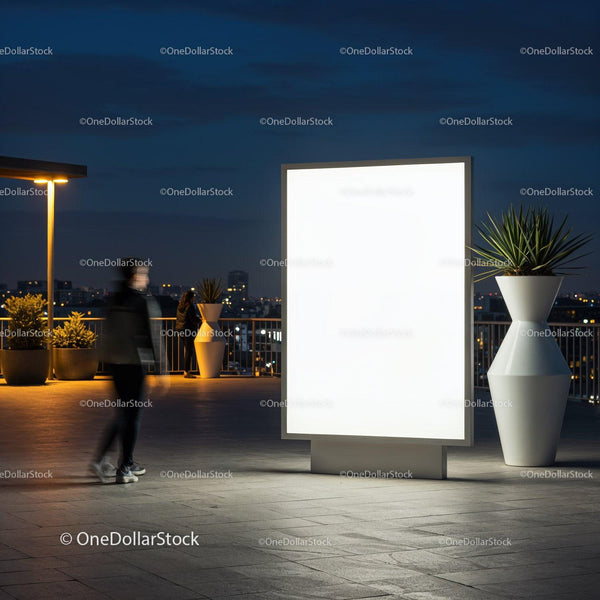 Illuminated Urban Billboard on City Rooftop at Night JPG Mockup Image
