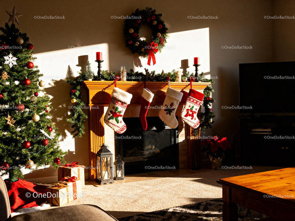 Cozy living room with Christmas decorations and fireplace