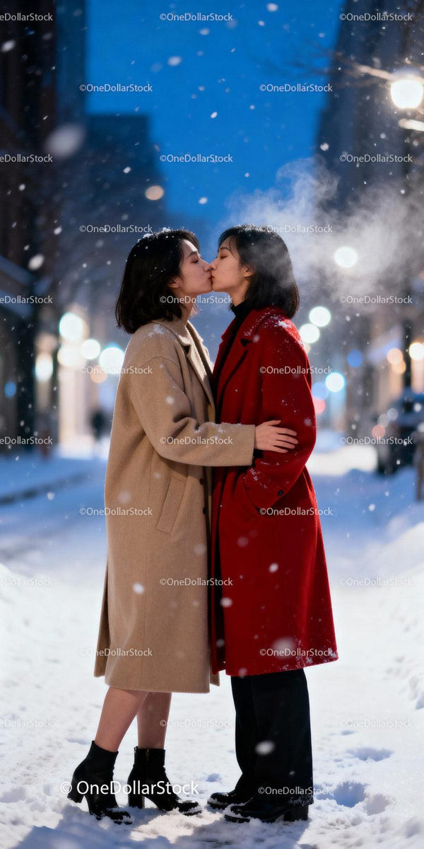Couple sharing a tender kiss on a snowy winter evening