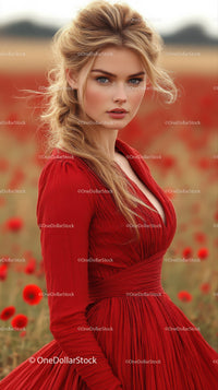Elegant Woman in Red Dress Standing in Field of Poppies