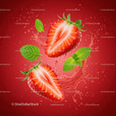 Fresh strawberry halves with mint leaves and water splash