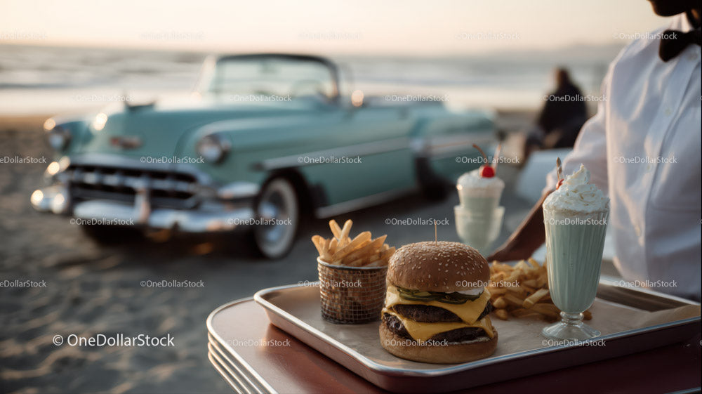Beachside Vintage Car and Classic Fast Food Scene with Sunset Lighting