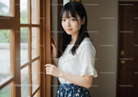 Young Woman Standing By Window In Casual White Blouse And Floral Skirt