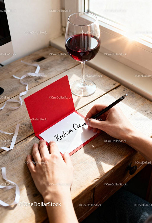 Writing a love note by red wine near window light