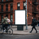 Urban street scene with blank advertising billboard and pedestrians