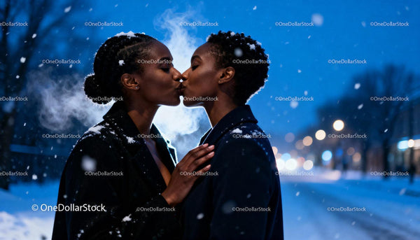 Romantic winter kiss between two women in snowfall